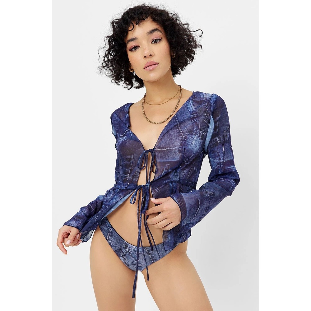 Frankies Bikinis Molly Long Sleeve Shirt in Blue Jean Print Mesh Tie Front Top S